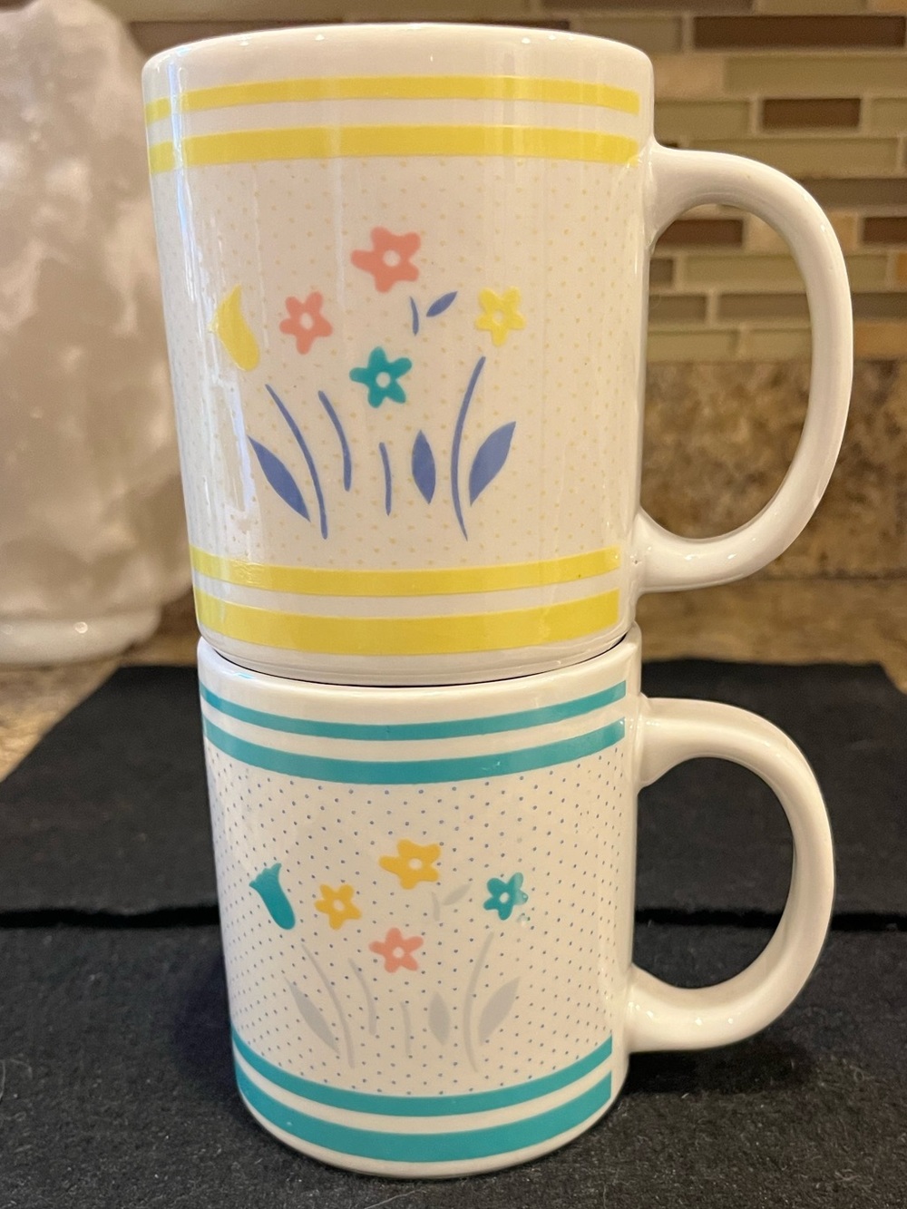 Vintage Finest Ceramics TM Floral Stripe Mugs Yellow & Blue Set of 2